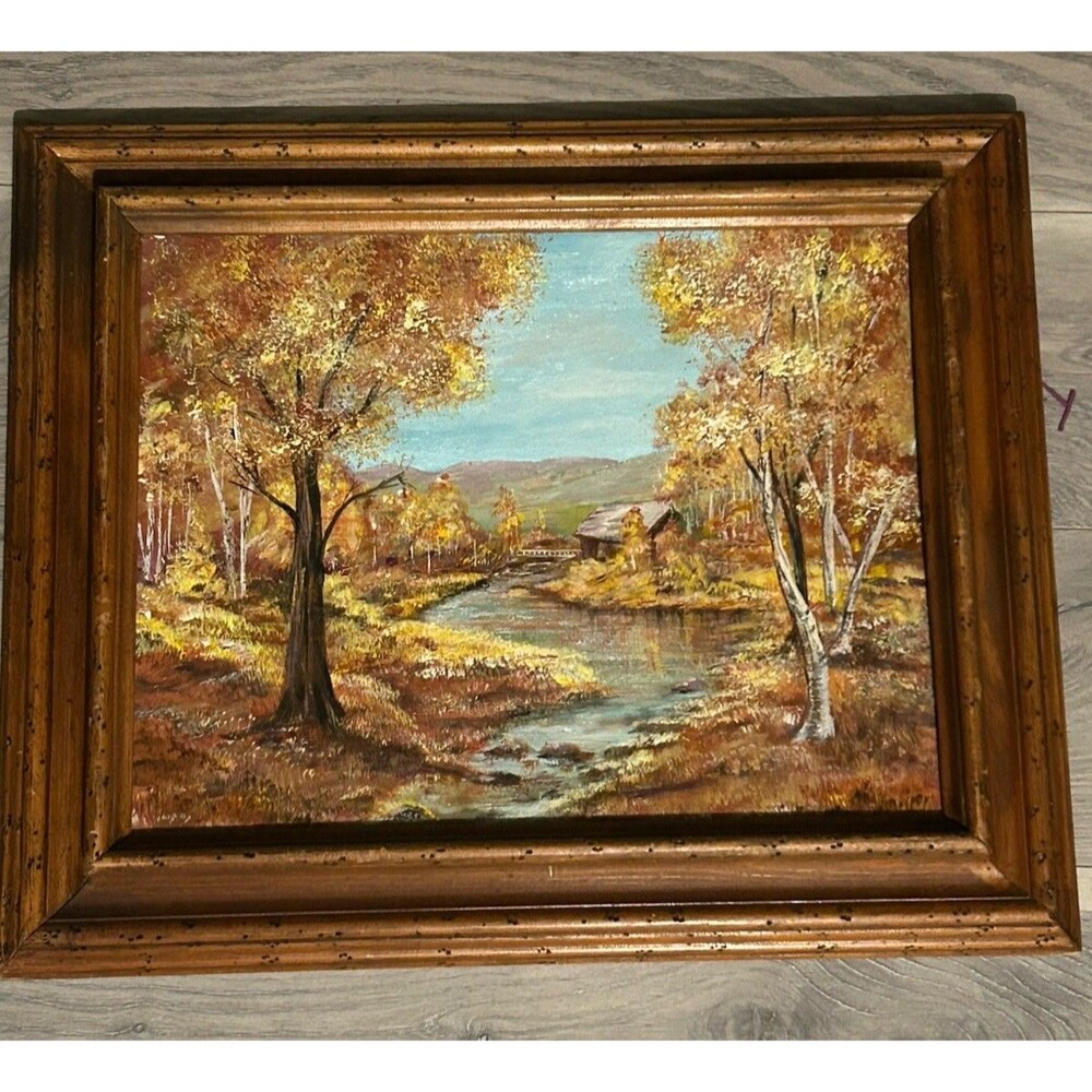 Vintage Fall Landscape Painting by Ruth Wundt | 24”x20” Framed Mixed Media Art
